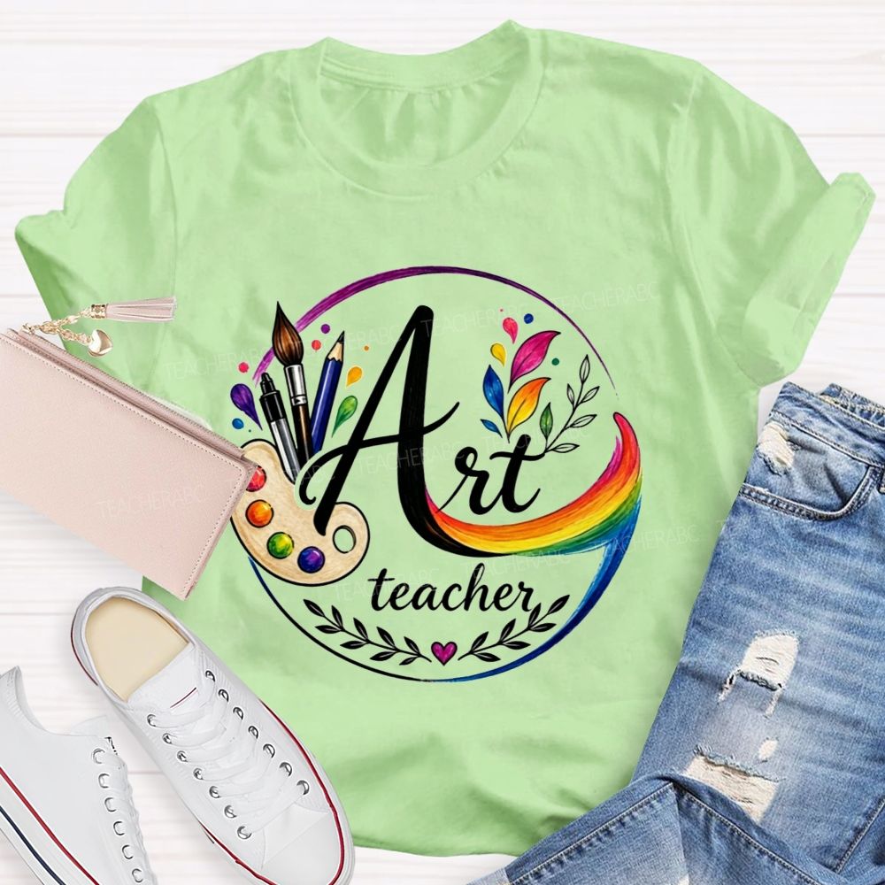 Art Teacher Rainbow Paint Palette Brush Pencil Teacher T-shirt
