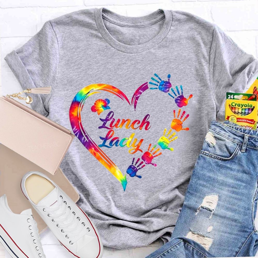 Tie Dye Rainbow Handprint Heart Lunch Lady T-shirt