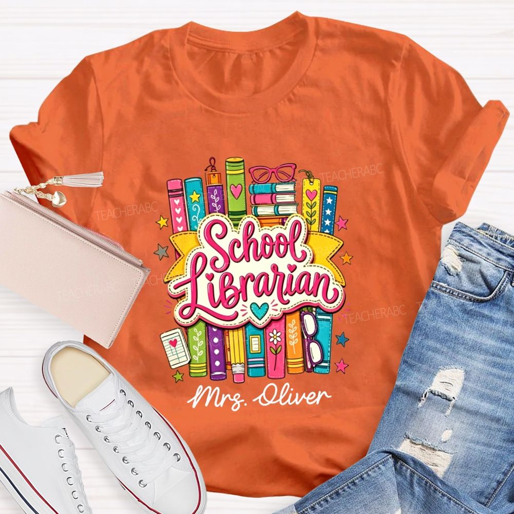 Personalized Name School Librarian Colorful Doodle Books Teacher T-shirt