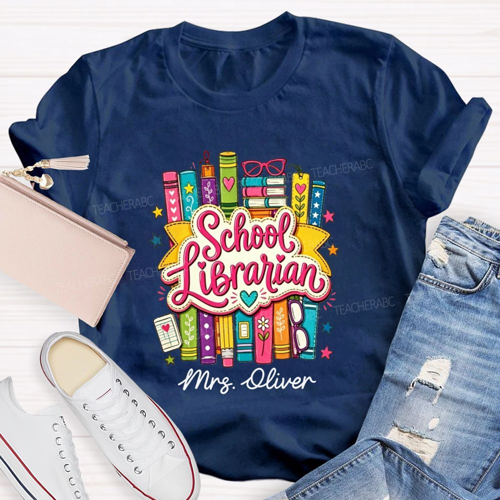 Personalized Name School Librarian Colorful Doodle Books Teacher T-shirt