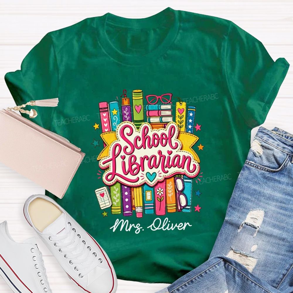 Personalized Name School Librarian Colorful Doodle Books Teacher T-shirt