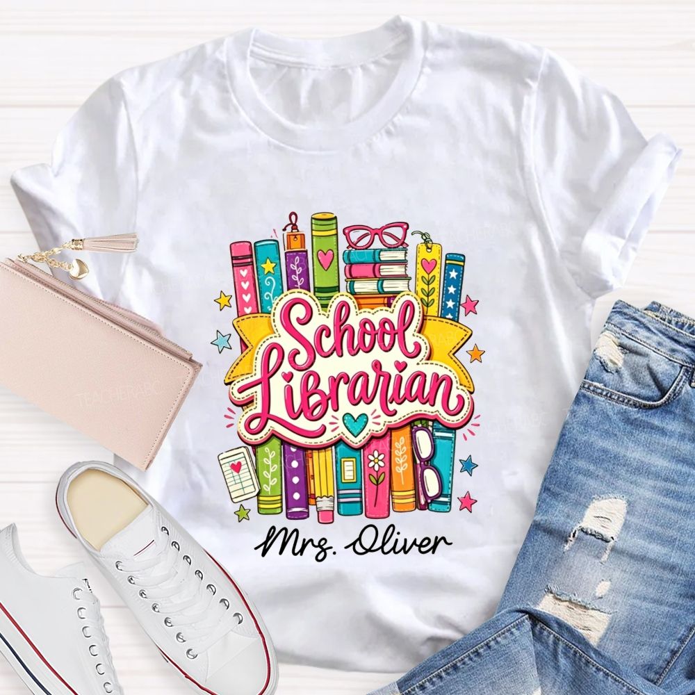 Personalized Name School Librarian Colorful Doodle Books Teacher T-shirt