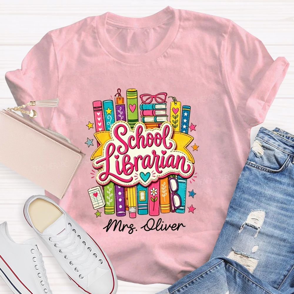 Personalized Name School Librarian Colorful Doodle Books Teacher T-shirt