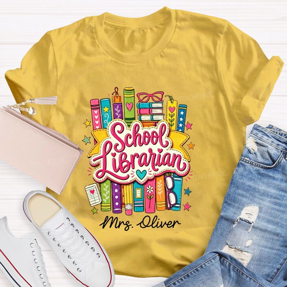 Personalized Name School Librarian Colorful Doodle Books Teacher T-shirt