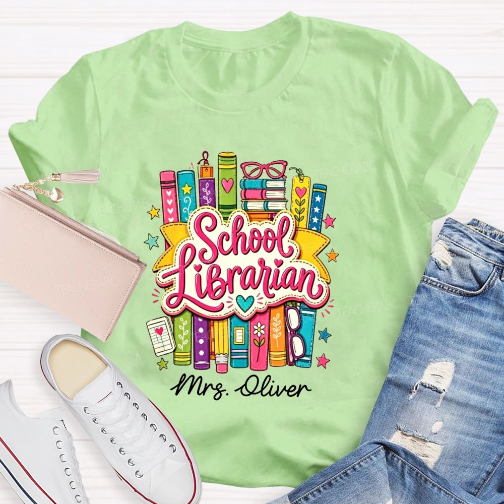 Personalized Name School Librarian Colorful Doodle Books Teacher T-shirt