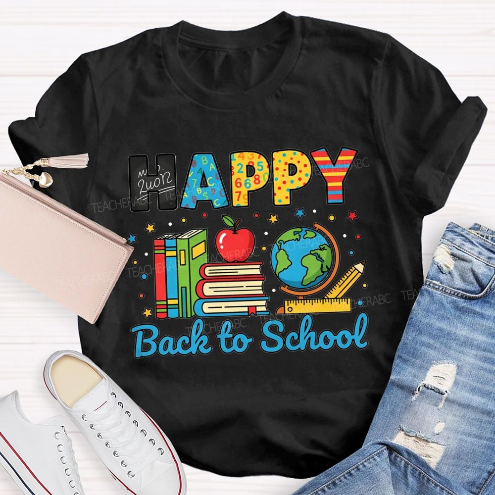 Happy Back To School Colorful Pattern Letter Book Apple Teacher T-shirt