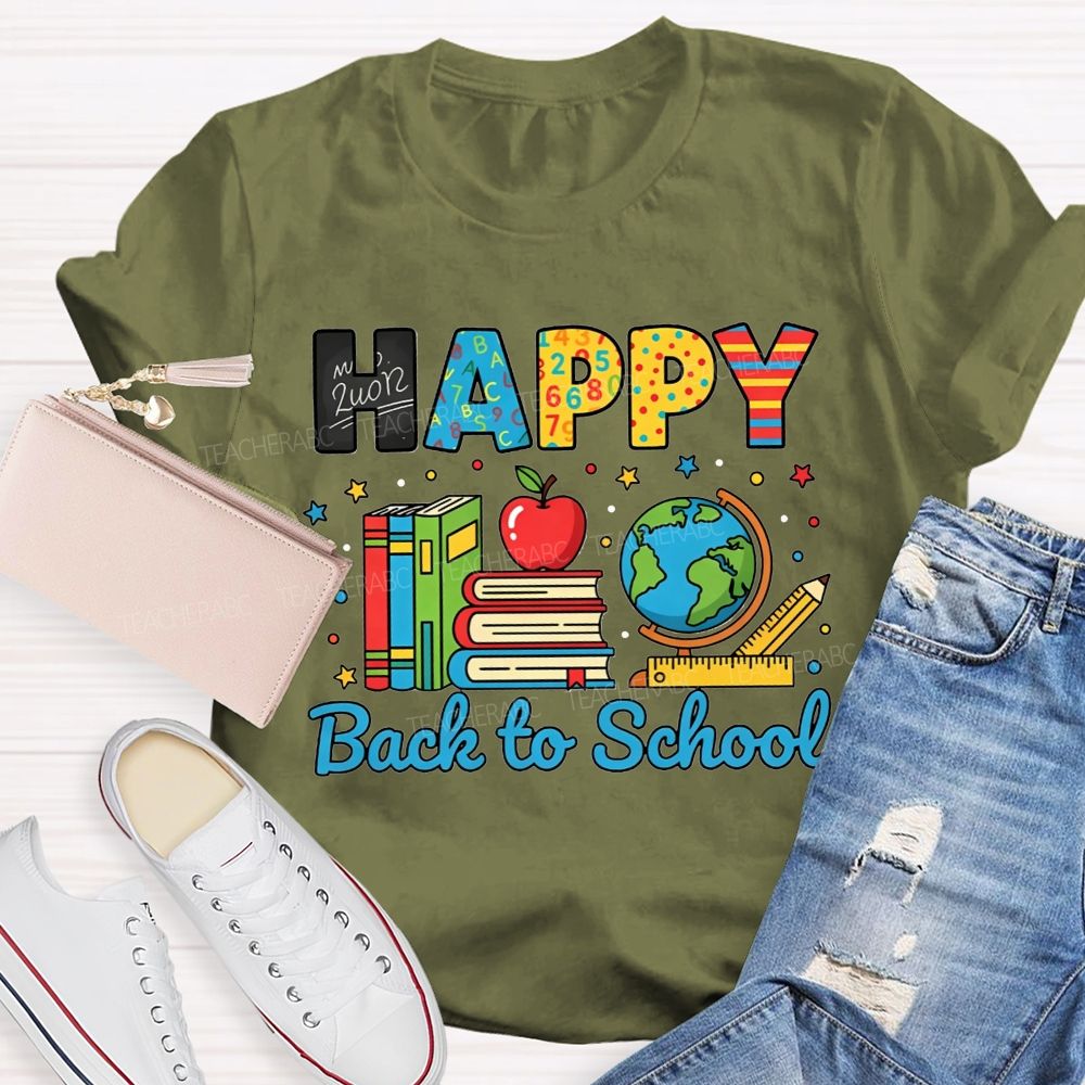 Happy Back To School Colorful Pattern Letter Book Apple Teacher T-shirt