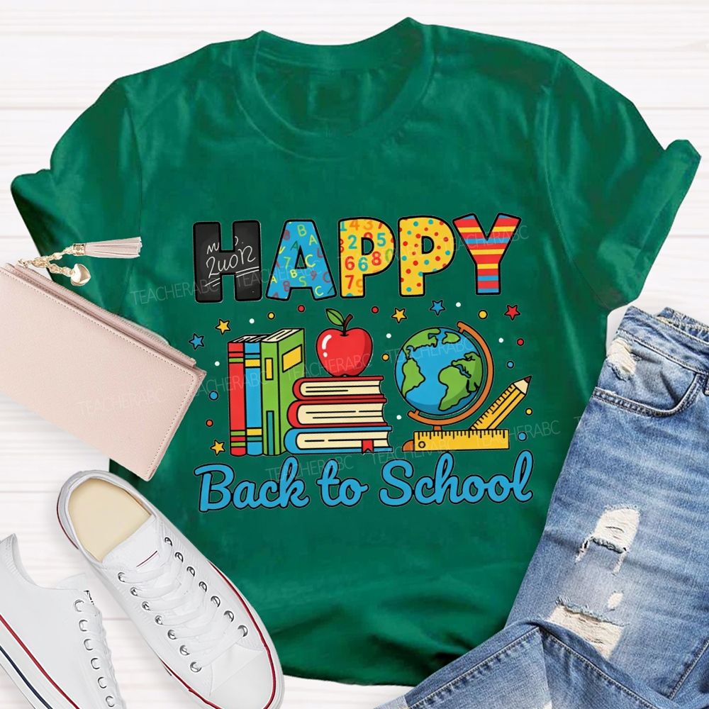 Happy Back To School Colorful Pattern Letter Book Apple Teacher T-shirt
