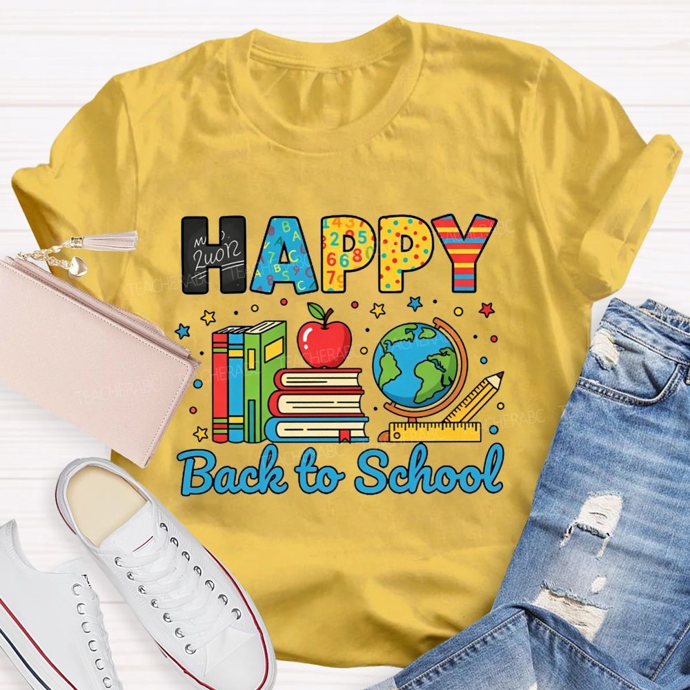Happy Back To School Colorful Pattern Letter Book Apple Teacher T-shirt