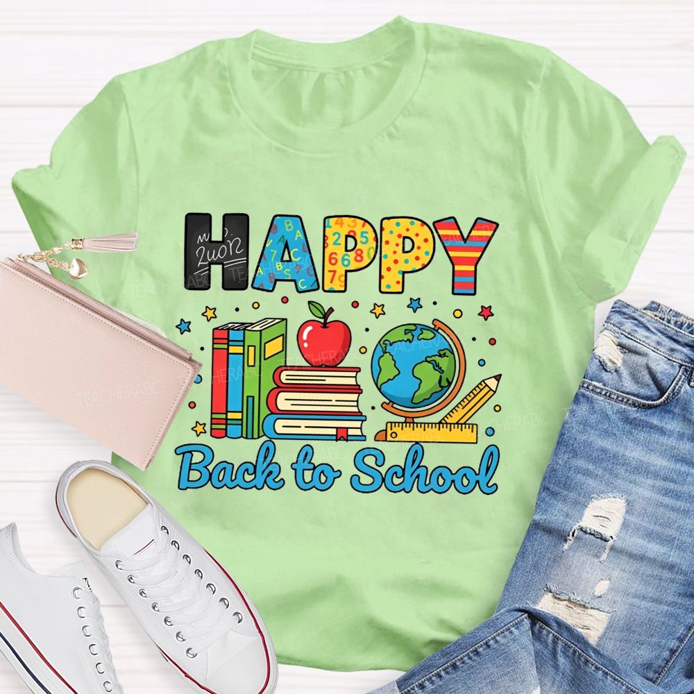 Happy Back To School Colorful Pattern Letter Book Apple Teacher T-shirt
