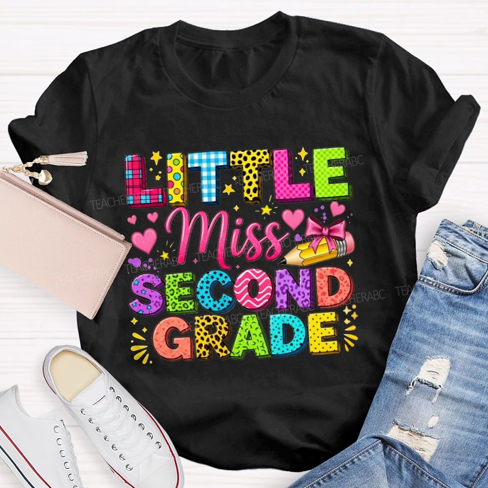 Personalized Grade Little Miss Second Grade Colorful Pattern Letter Heart Bow Pencil Teacher T-shirt