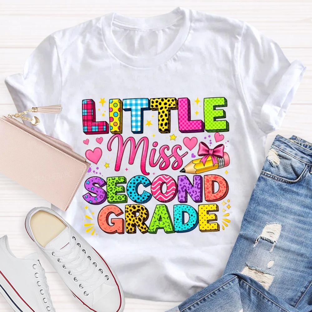 Personalized Grade Little Miss Second Grade Colorful Pattern Letter Heart Bow Pencil Teacher T-shirt