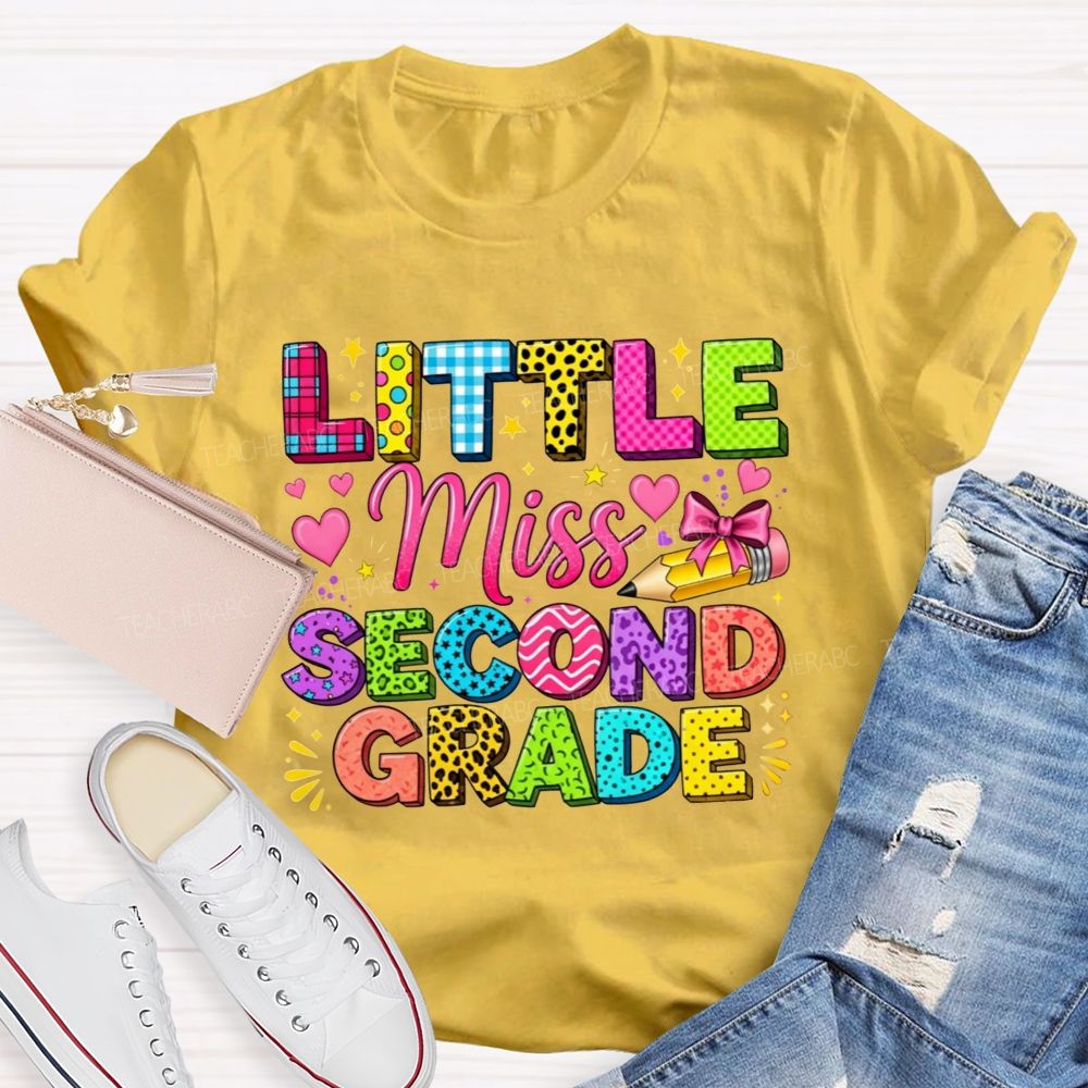 Personalized Grade Little Miss Second Grade Colorful Pattern Letter Heart Bow Pencil Teacher T-shirt