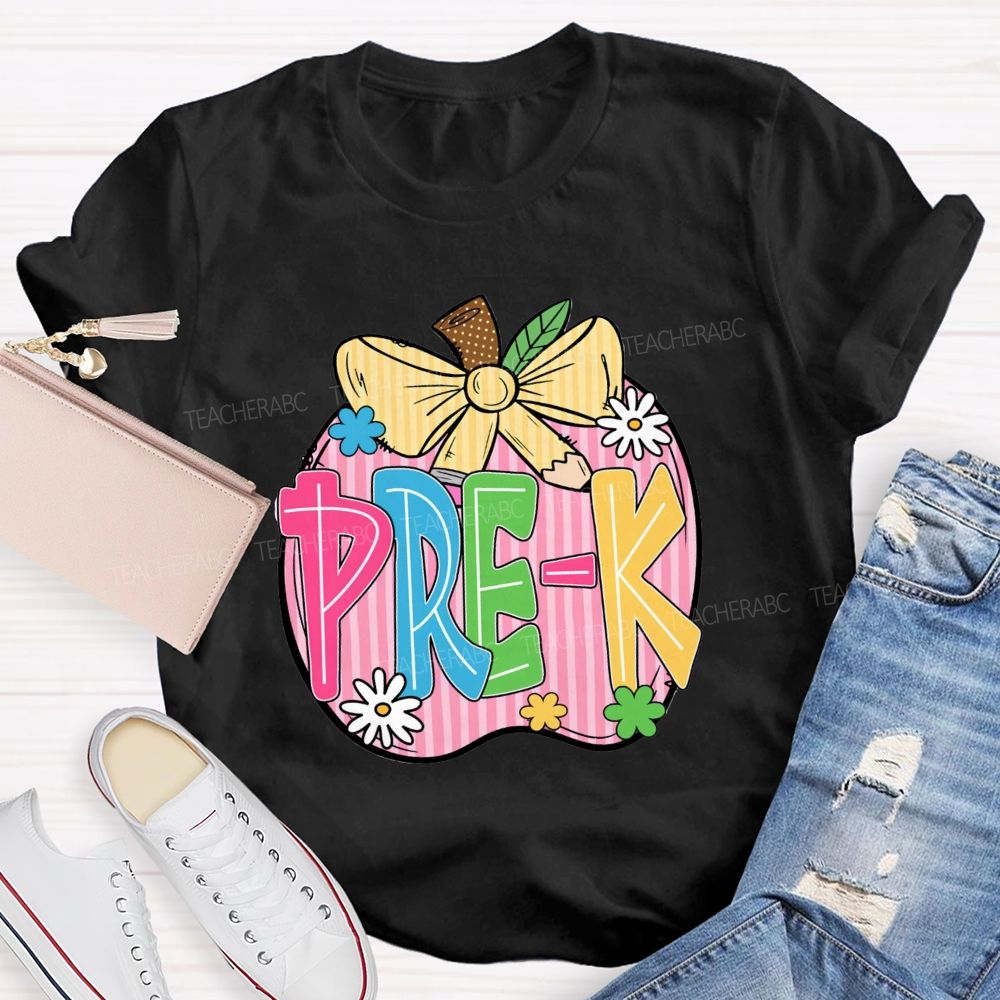 Personalized Grade Pink Stripe Apple Back To School Teacher T-Shirt