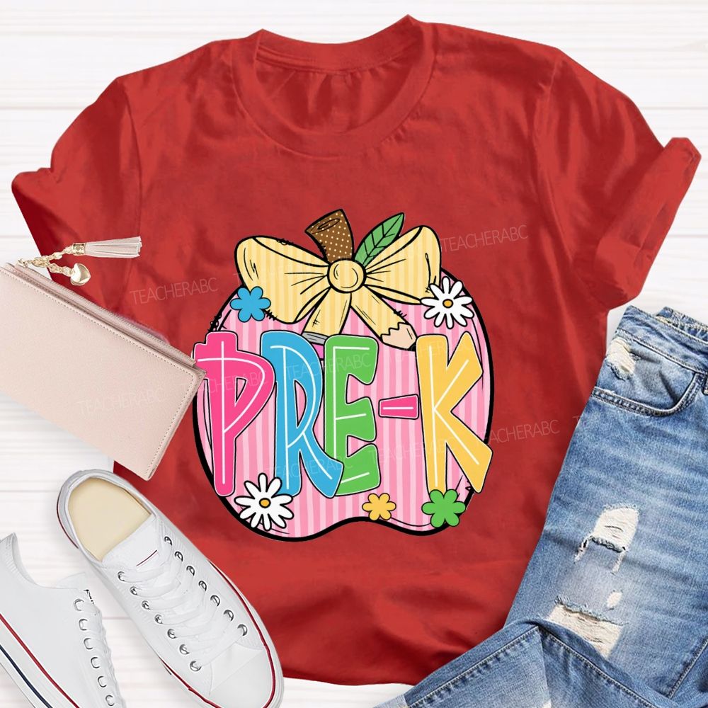 Personalized Grade Pink Stripe Apple Back To School Teacher T-Shirt