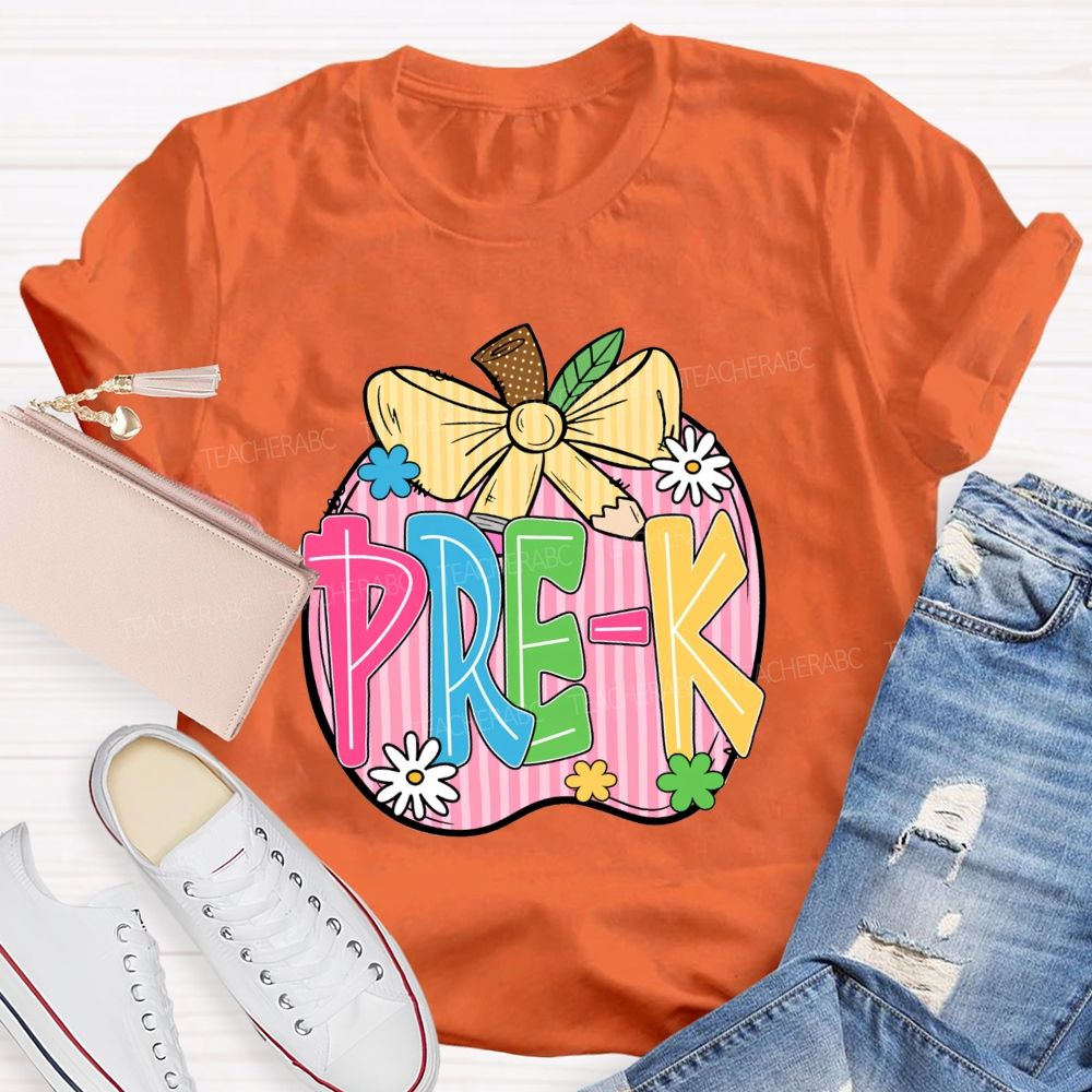 Personalized Grade Pink Stripe Apple Back To School Teacher T-Shirt
