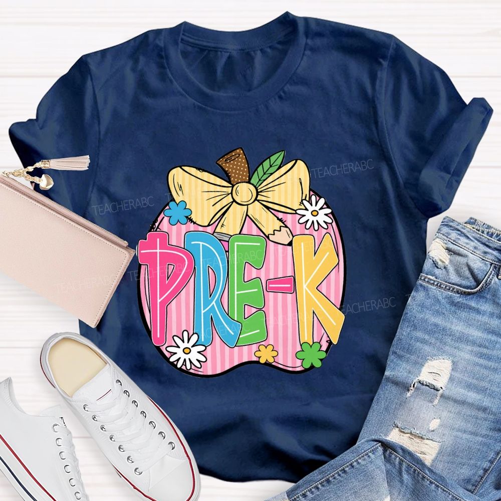 Personalized Grade Pink Stripe Apple Back To School Teacher T-Shirt