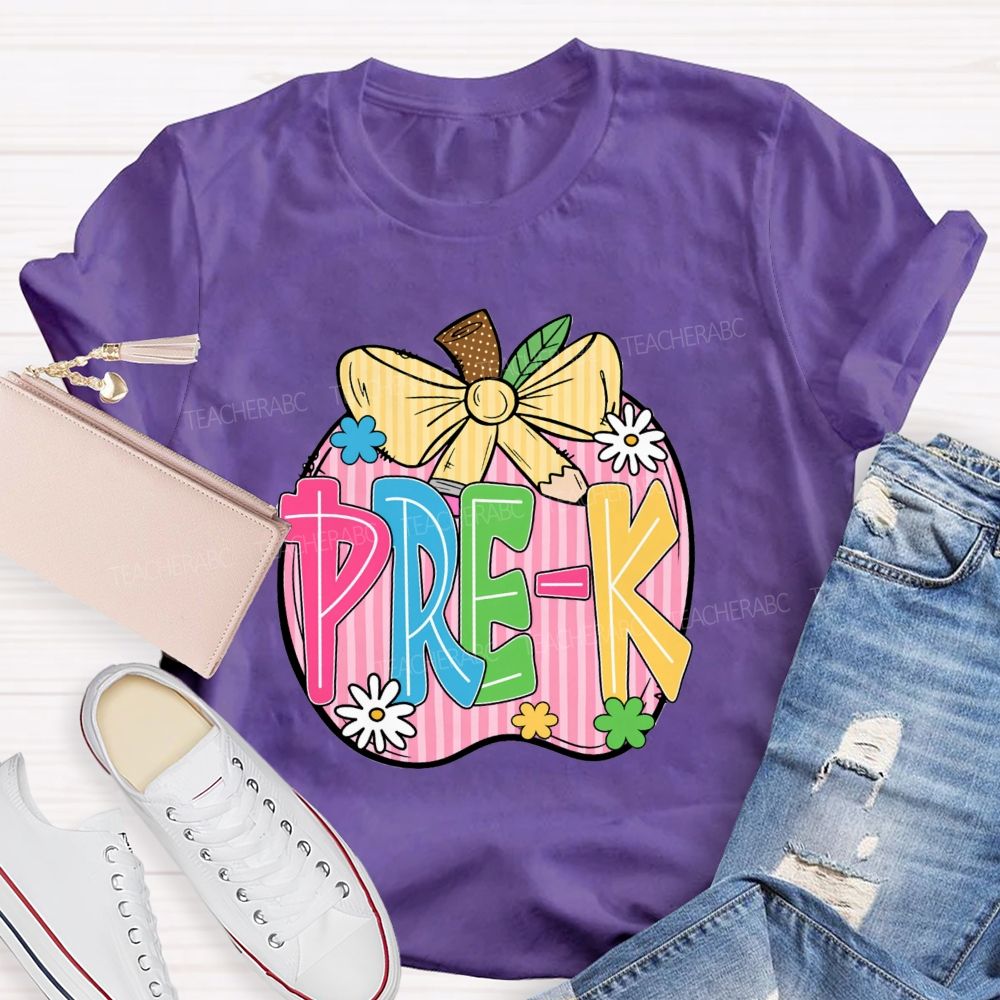 Personalized Grade Pink Stripe Apple Back To School Teacher T-Shirt