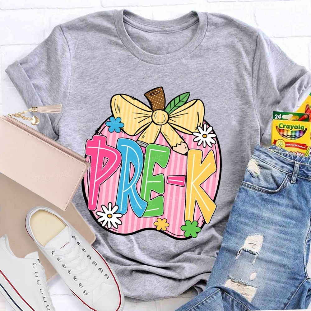 Personalized Grade Pink Stripe Apple Back To School Teacher T-Shirt