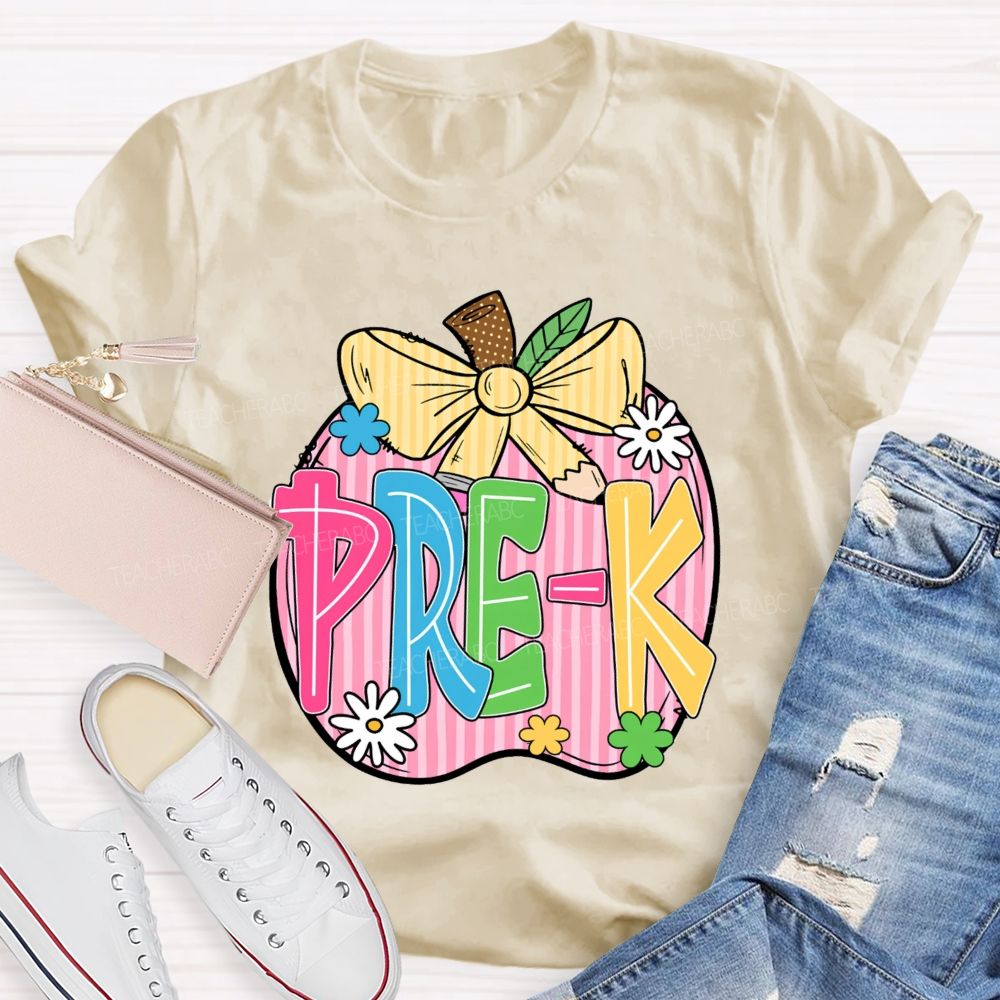 Personalized Grade Pink Stripe Apple Back To School Teacher T-Shirt