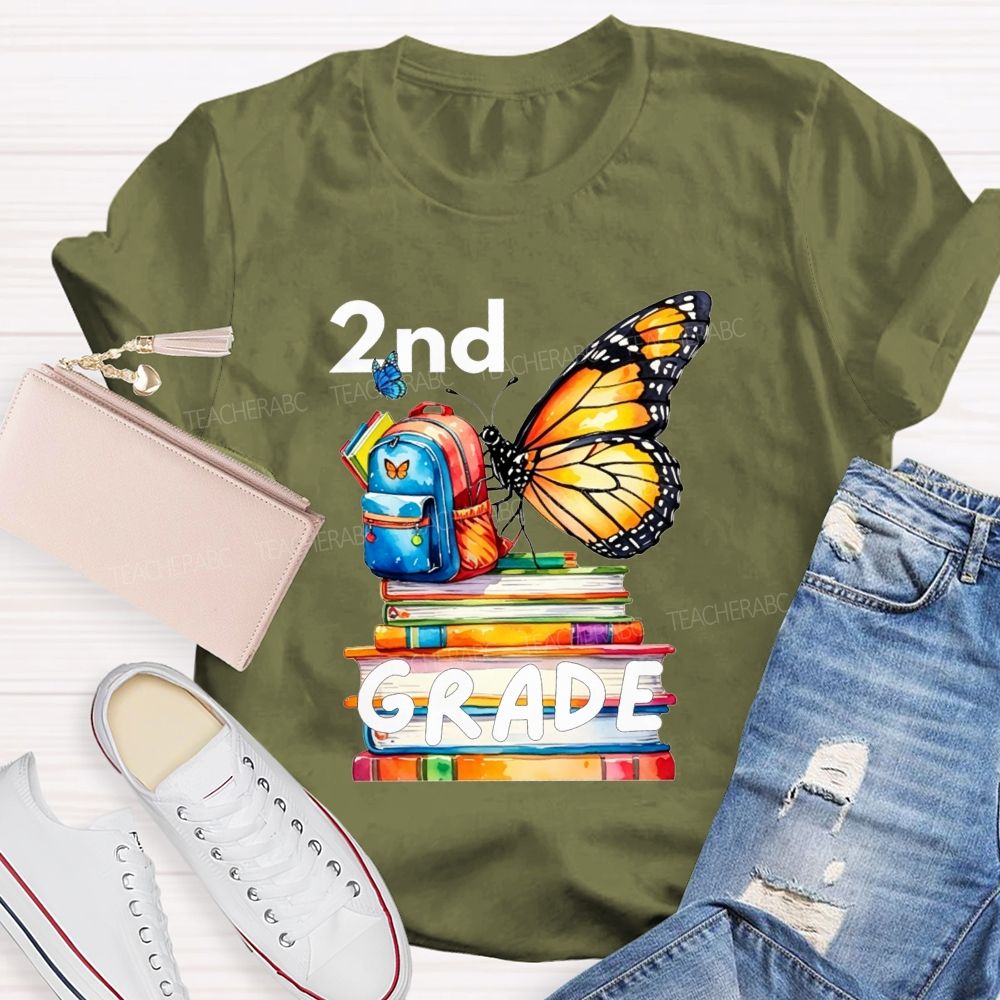 Personalized Grade Growing Into Second Grade Butterfly Vibes Teacher T-shirt