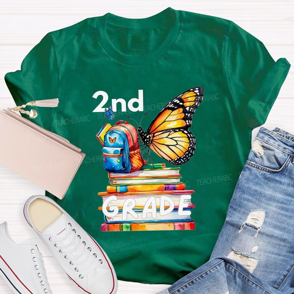 Personalized Grade Growing Into Second Grade Butterfly Vibes Teacher T-shirt