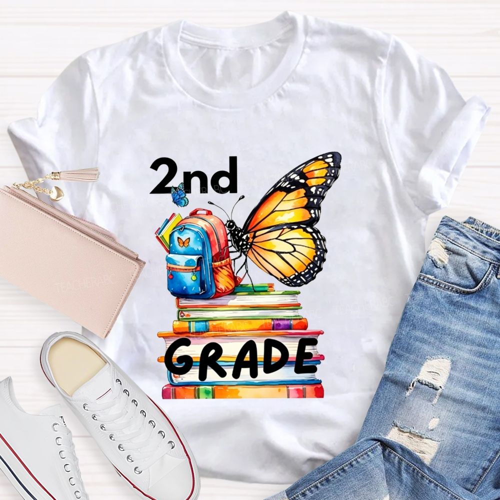 Personalized Grade Growing Into Second Grade Butterfly Vibes Teacher T-shirt