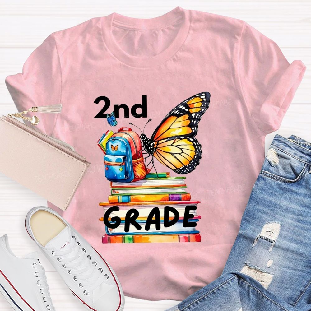 Personalized Grade Growing Into Second Grade Butterfly Vibes Teacher T-shirt