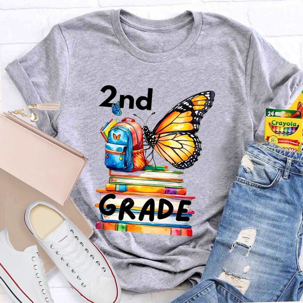 Personalized Grade Growing Into Second Grade Butterfly Vibes Teacher T-shirt