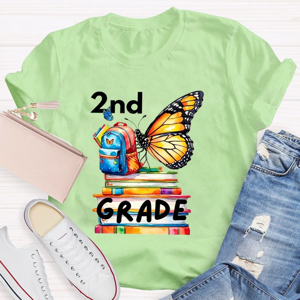Personalized Grade Growing Into Second Grade Butterfly Vibes Teacher T-shirt