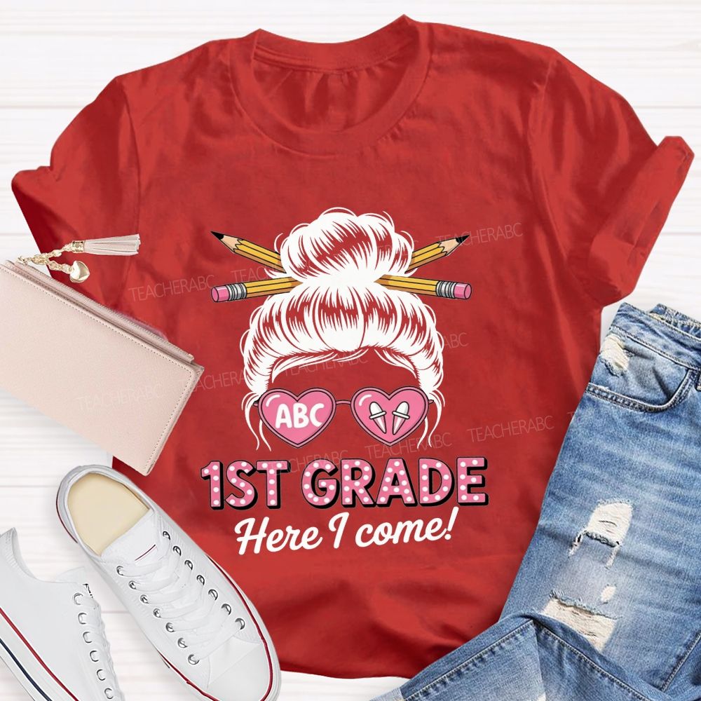Personalized Grade 1st Grade Here I Come Heart Glasses Teacher T-shirt
