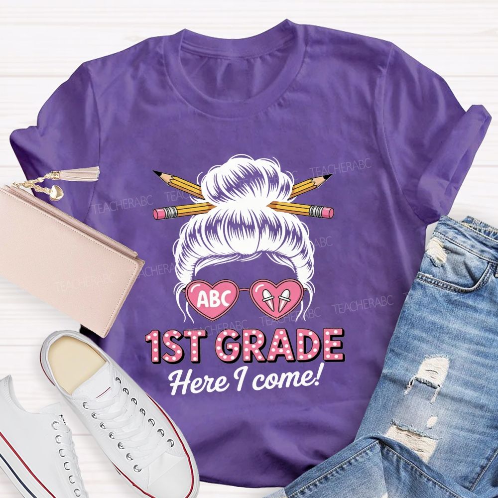 Personalized Grade 1st Grade Here I Come Heart Glasses Teacher T-shirt