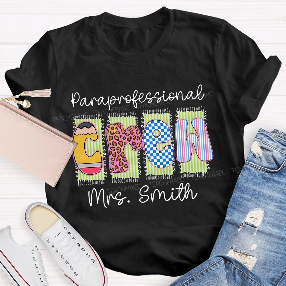 Personalized Name Paraprofessional Crew Leopard Printed Teacher T-Shirt