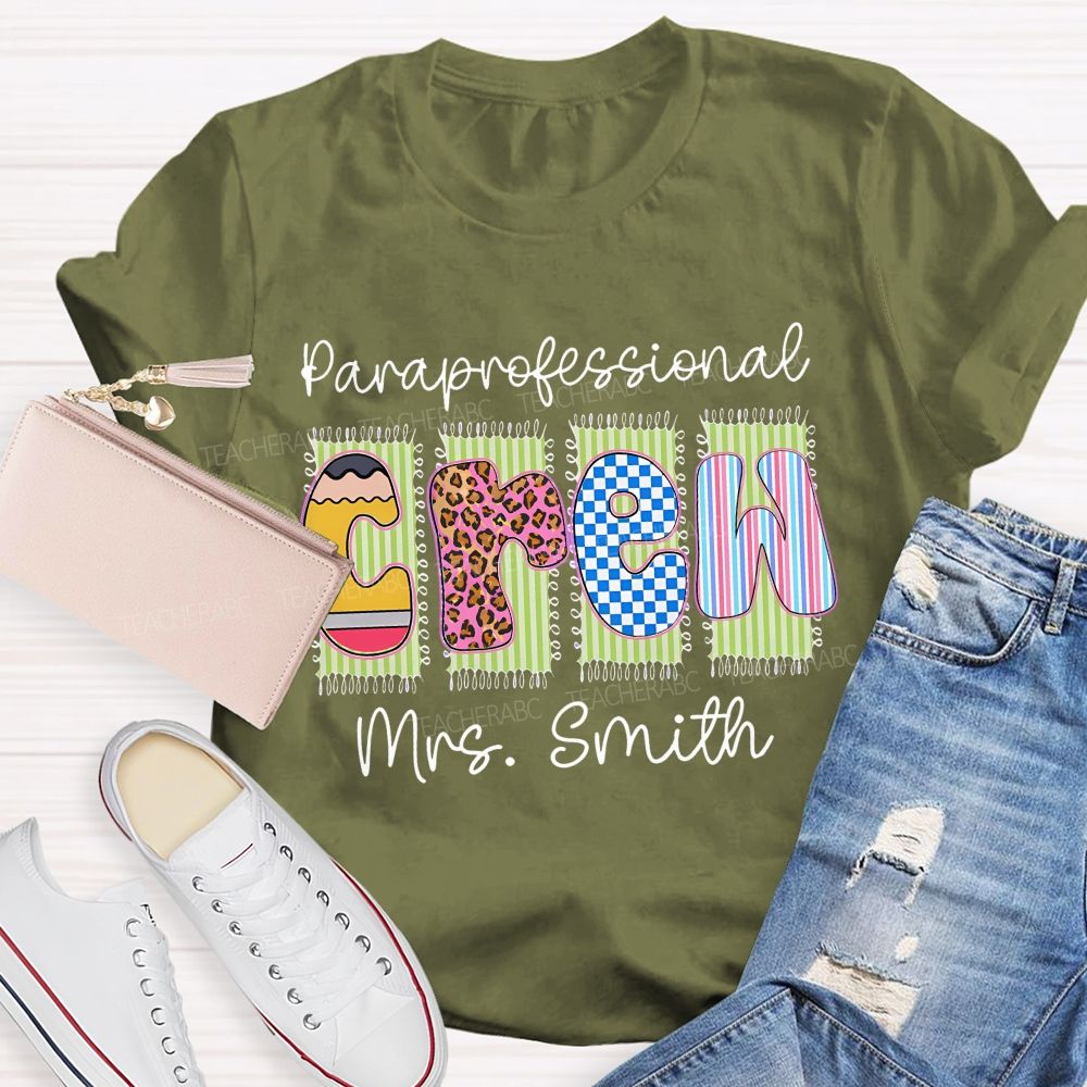 Personalized Name Paraprofessional Crew Leopard Printed Teacher T-Shirt