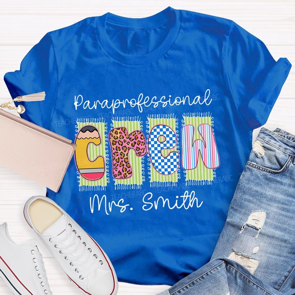 Personalized Name Paraprofessional Crew Leopard Printed Teacher T-Shirt