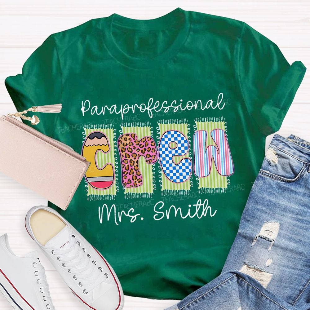 Personalized Name Paraprofessional Crew Leopard Printed Teacher T-Shirt