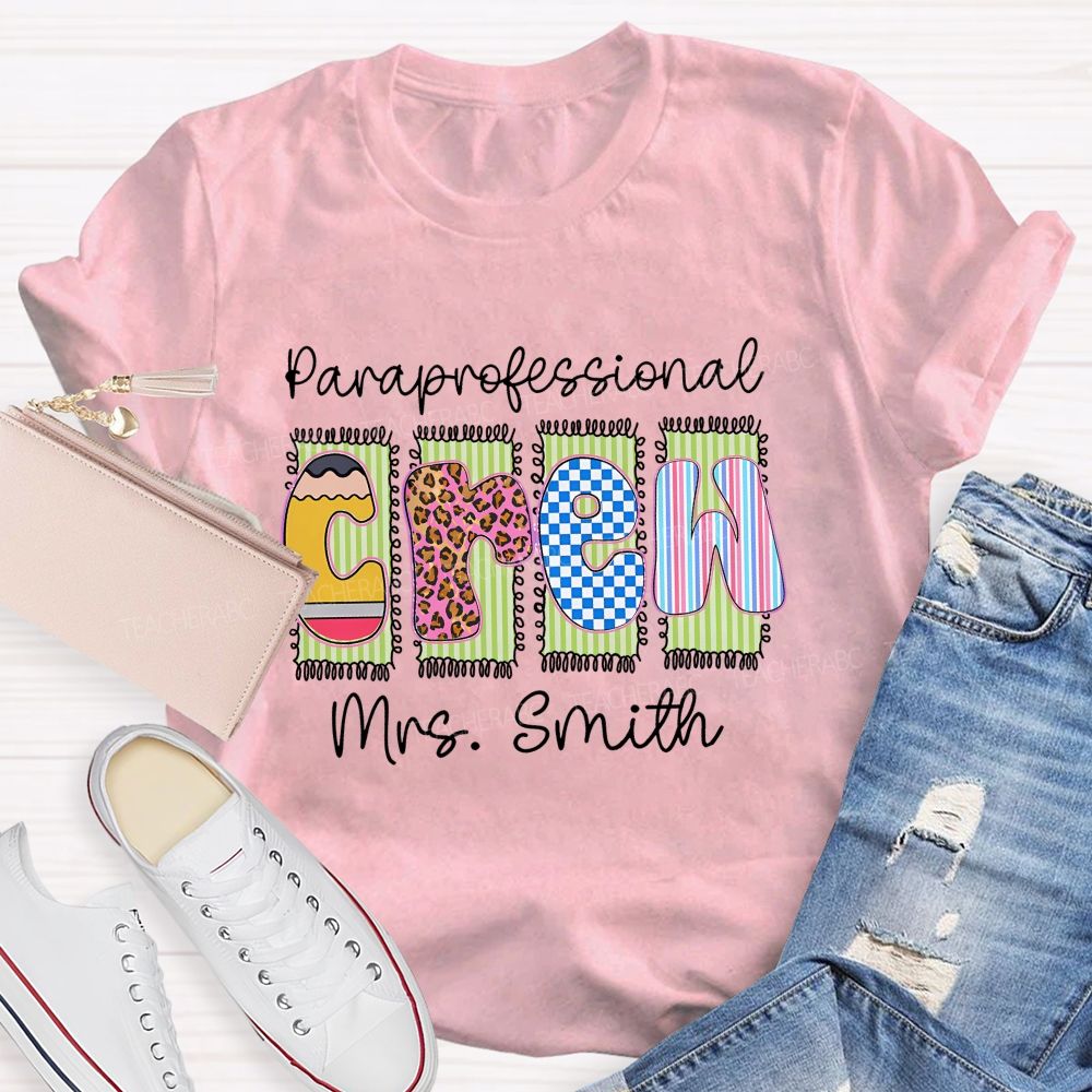 Personalized Name Paraprofessional Crew Leopard Printed Teacher T-Shirt