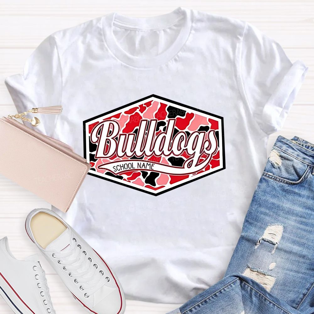 Personalized Mascot And School Name Red And Black Leopard Print Color-Blocking Teacher T-Shirt