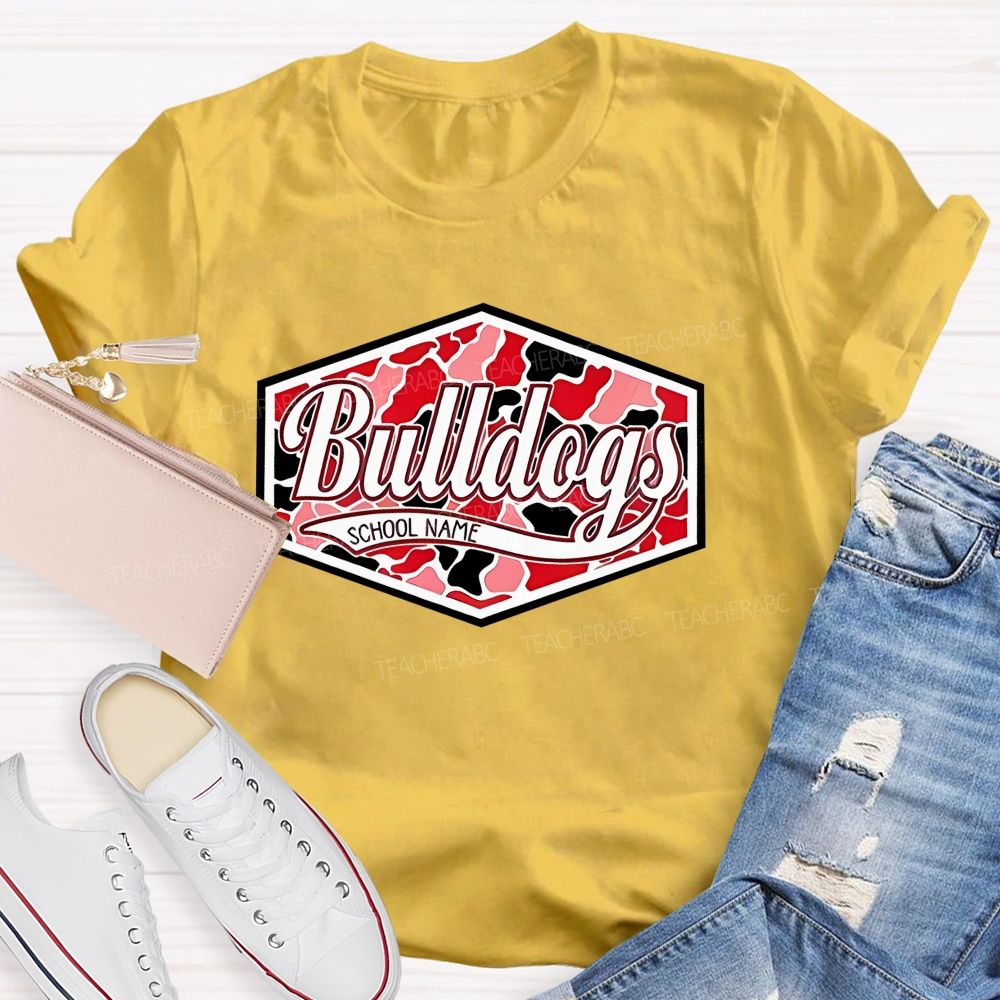 Personalized Mascot And School Name Red And Black Leopard Print Color-Blocking Teacher T-Shirt