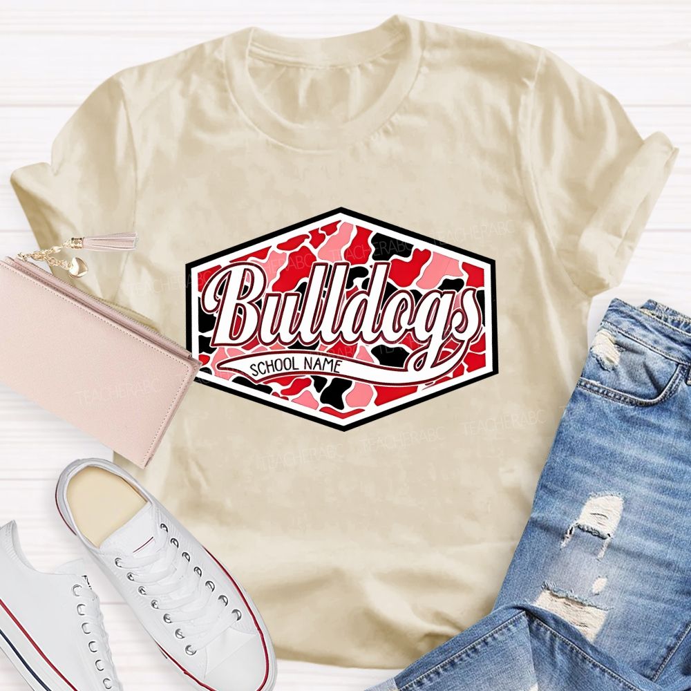 Personalized Mascot And School Name Red And Black Leopard Print Color-Blocking Teacher T-Shirt