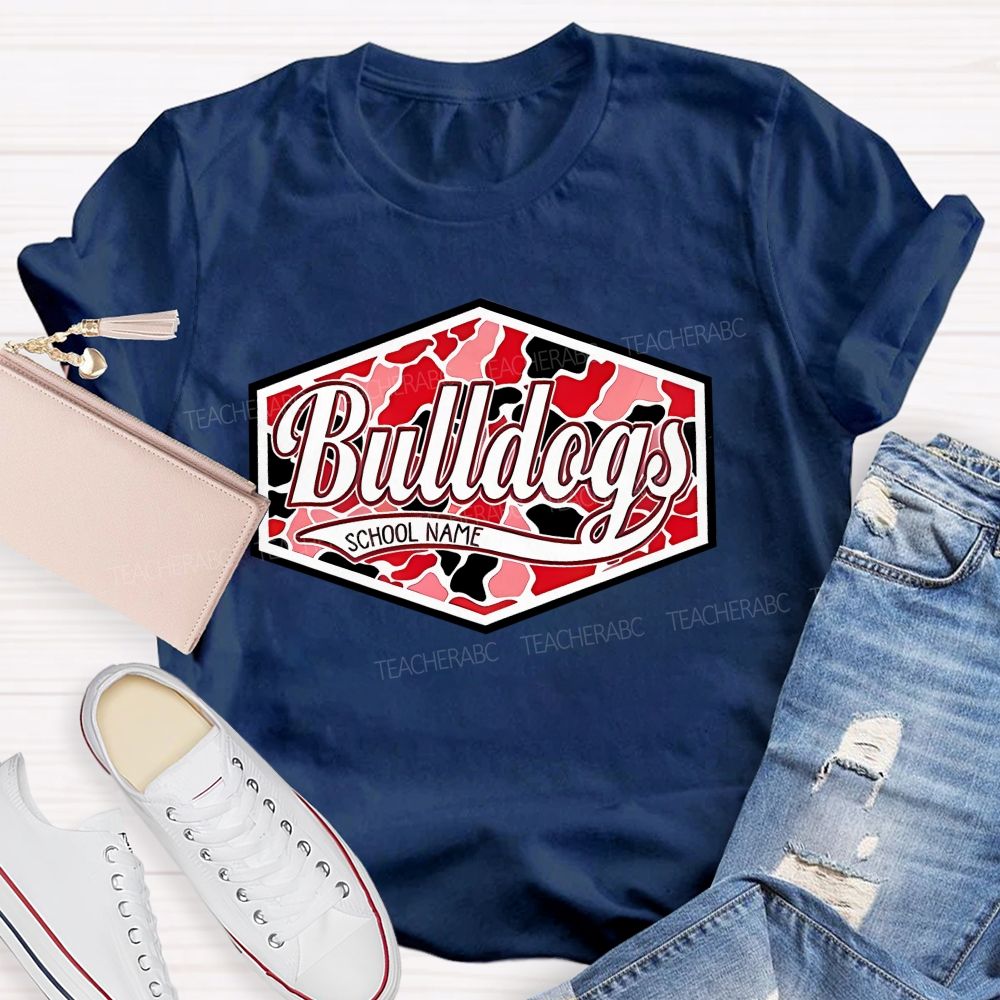 Personalized Mascot And School Name Red And Black Leopard Print Color-Blocking Teacher T-Shirt