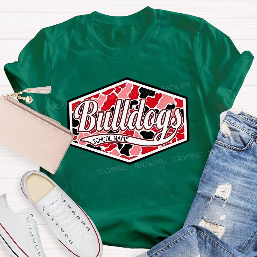 Personalized Mascot And School Name Red And Black Leopard Print Color-Blocking Teacher T-Shirt