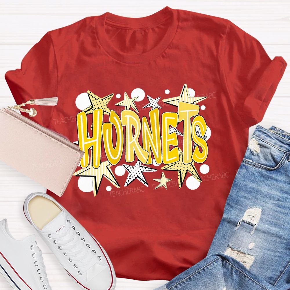 Personalized Mascot Yellow Striped And Polka-Dot Print Teacher T-Shirt
