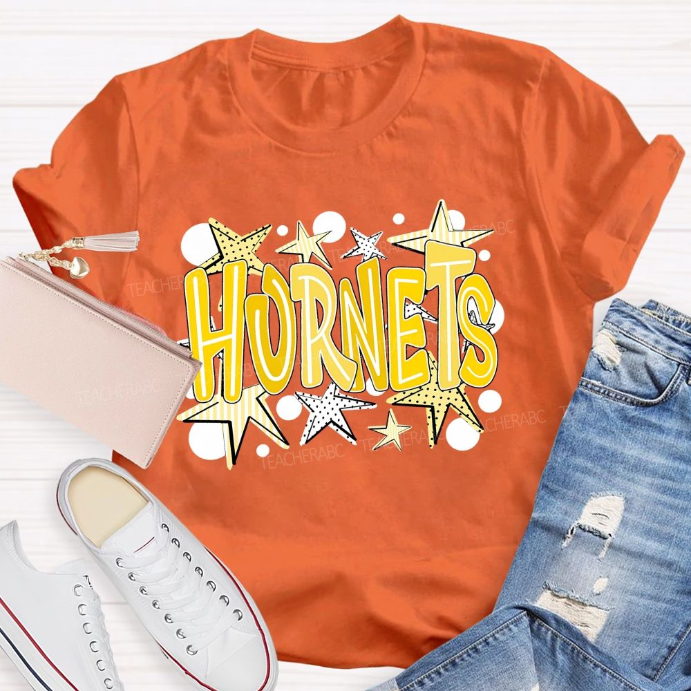Personalized Mascot Yellow Striped And Polka-Dot Print Teacher T-Shirt