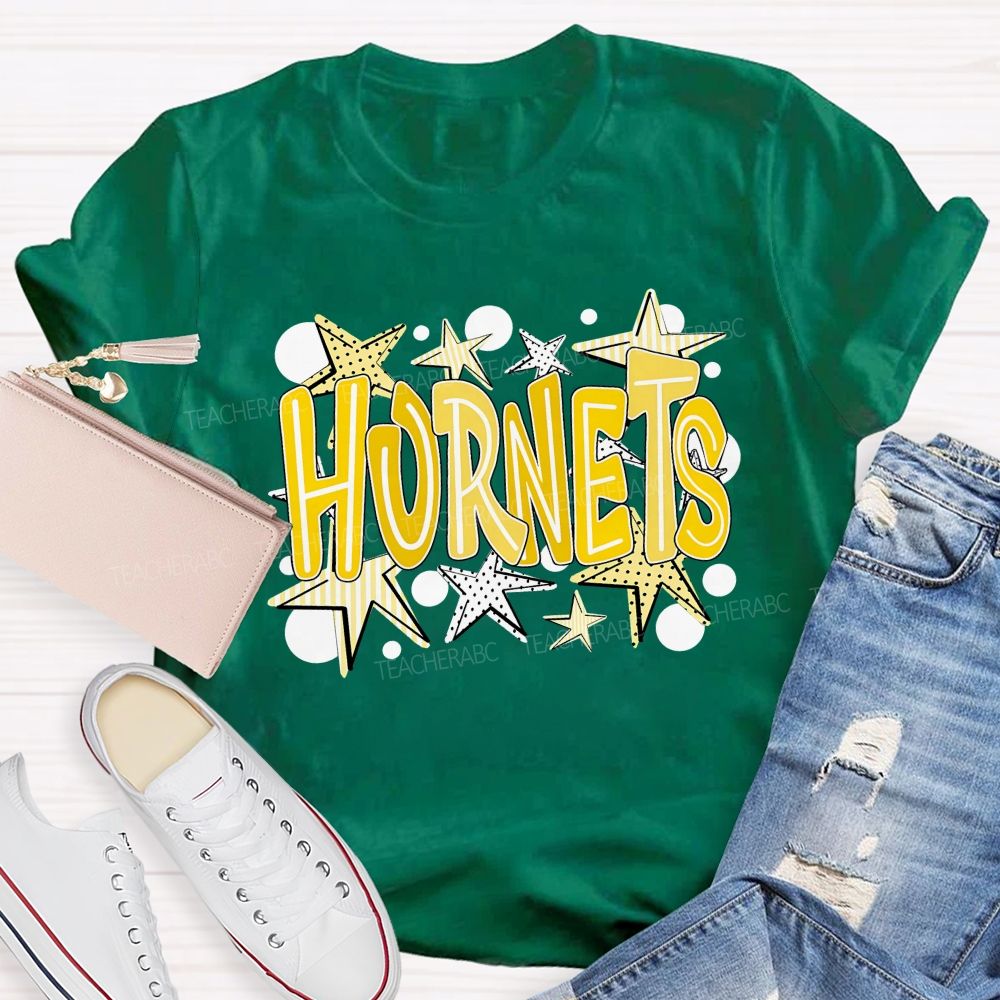 Personalized Mascot Yellow Striped And Polka-Dot Print Teacher T-Shirt