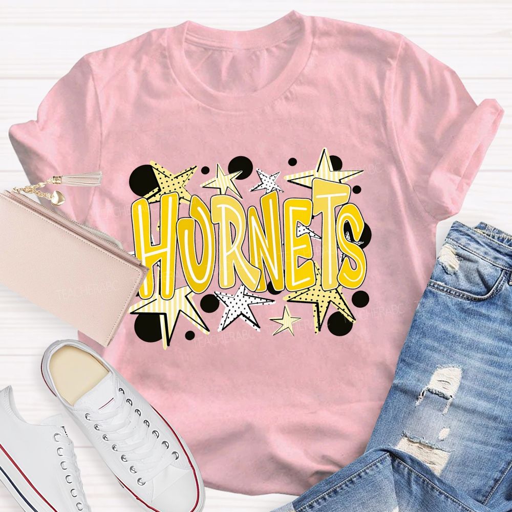 Personalized Mascot Yellow Striped And Polka-Dot Print Teacher T-Shirt