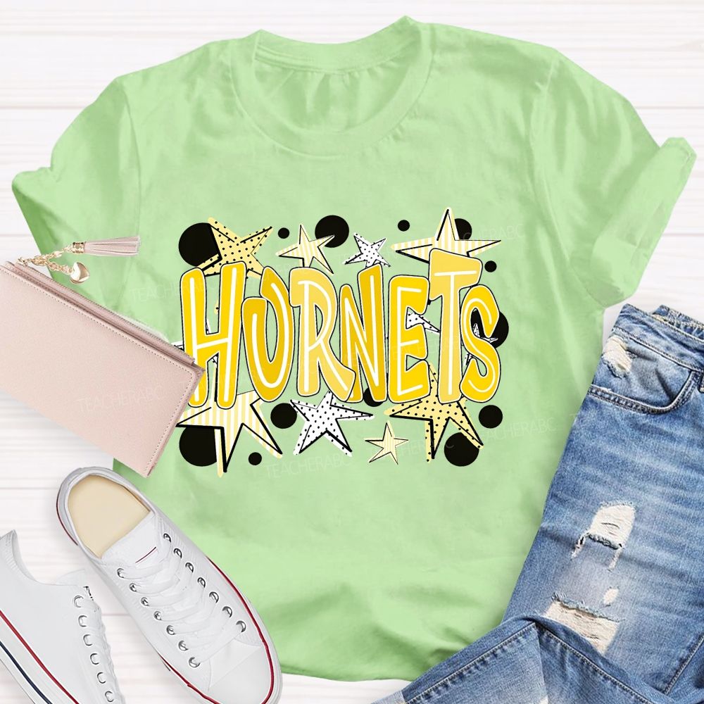 Personalized Mascot Yellow Striped And Polka-Dot Print Teacher T-Shirt