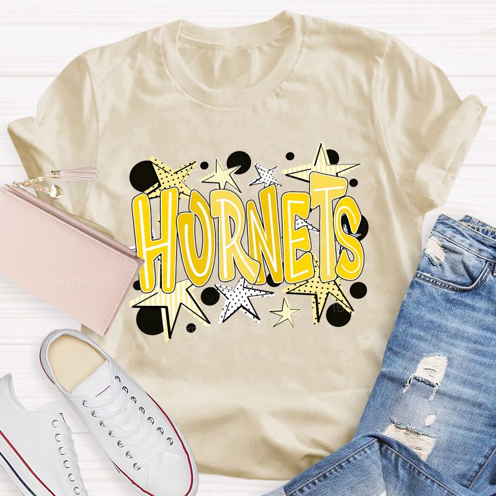 Personalized Mascot Yellow Striped And Polka-Dot Print Teacher T-Shirt