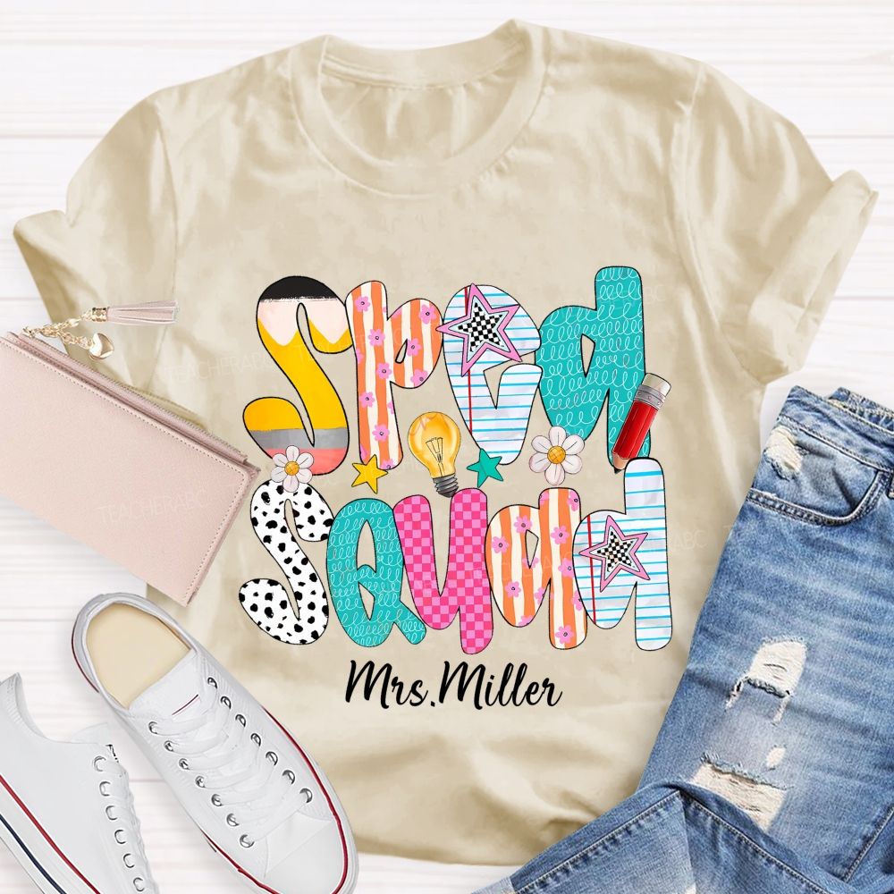 Personalized Name Sped Squad Pink Plaid Teacher T-Shirt