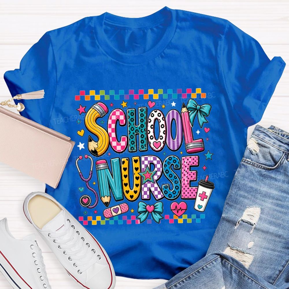 Colorful Doodle School Nurse Color Pencil Stethoscope Coffee T-shirt